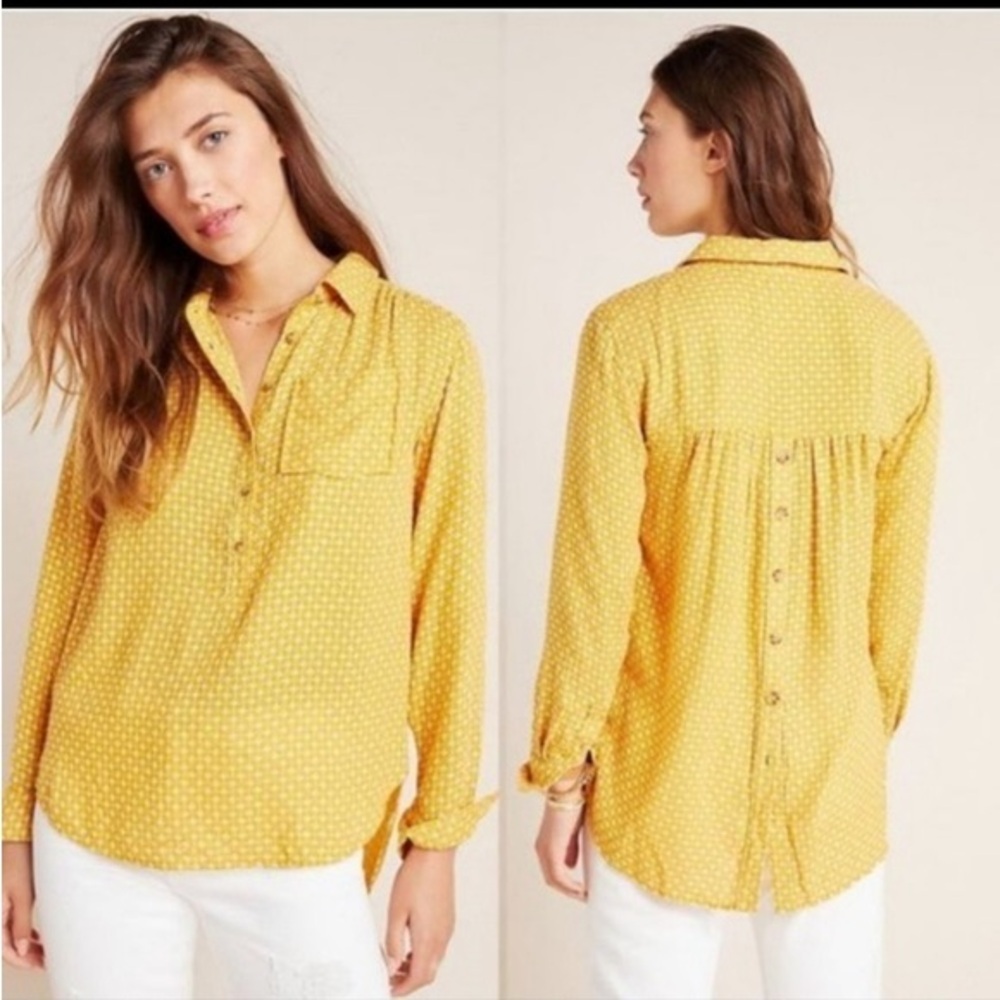 Anthropologie XS Yellow Geometric Print Tunic Button Back Boho Chic‎ Top